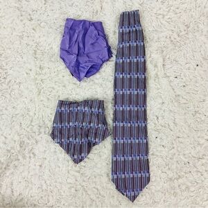 Club International 100% silk Purple & Blue Geometric stripes Tie 2 handkerchiefs